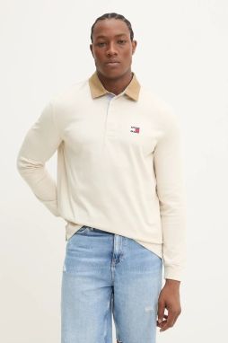 Bavlnené tričko s dlhým rukávom Tommy Jeans béžová farba, jednofarebné, DM0DM20913