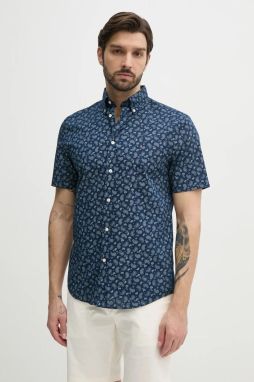 Košeľa s prímesou ľanu Tommy Hilfiger pánska, tmavomodrá farba, regular, s golierom button-down, MW0MW38566