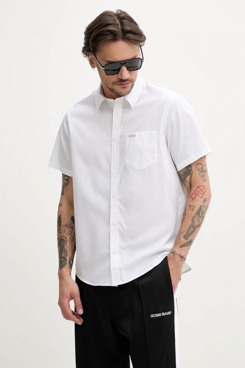 Bavlnená košeľa Guess Jeans pánska, biela farba, regular, s klasickým golierom, M5GH16 WH7P1