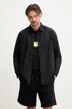 Bavlnená košeľa HUGO pánska, čierna farba, regular, s klasickým golierom, 50539309