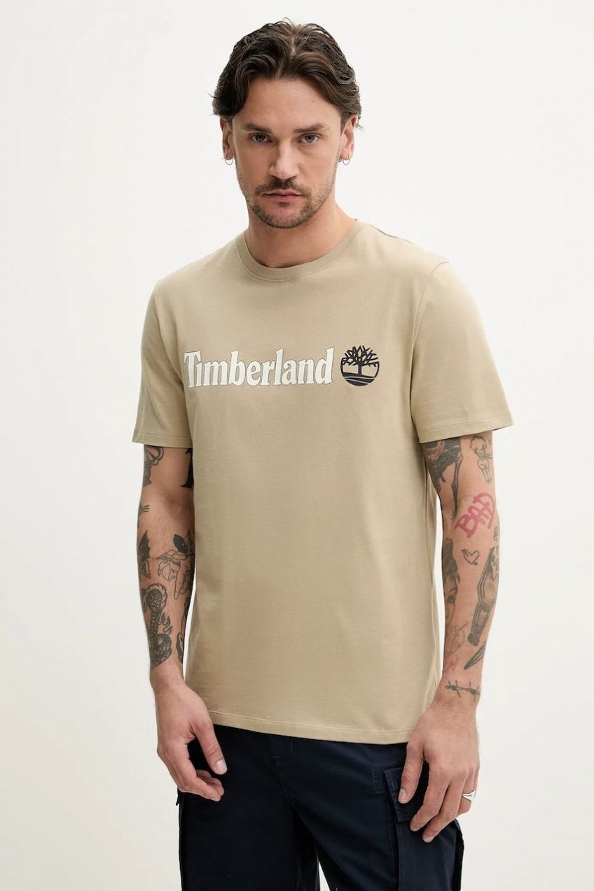Bavlnené tričko Timberland pánske, béžová farba, s potlačou, TB0A5UPQDH41