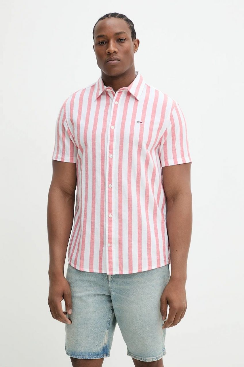 Košeľa s prímesou ľanu Tommy Jeans pánska, biela farba, regular, s klasickým golierom, DM0DM20894