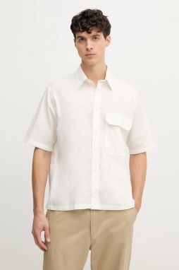 Bavlnená košeľa Armani Exchange pánska, béžová farba, voľný strih, s klasickým golierom, XM000449 AF13167