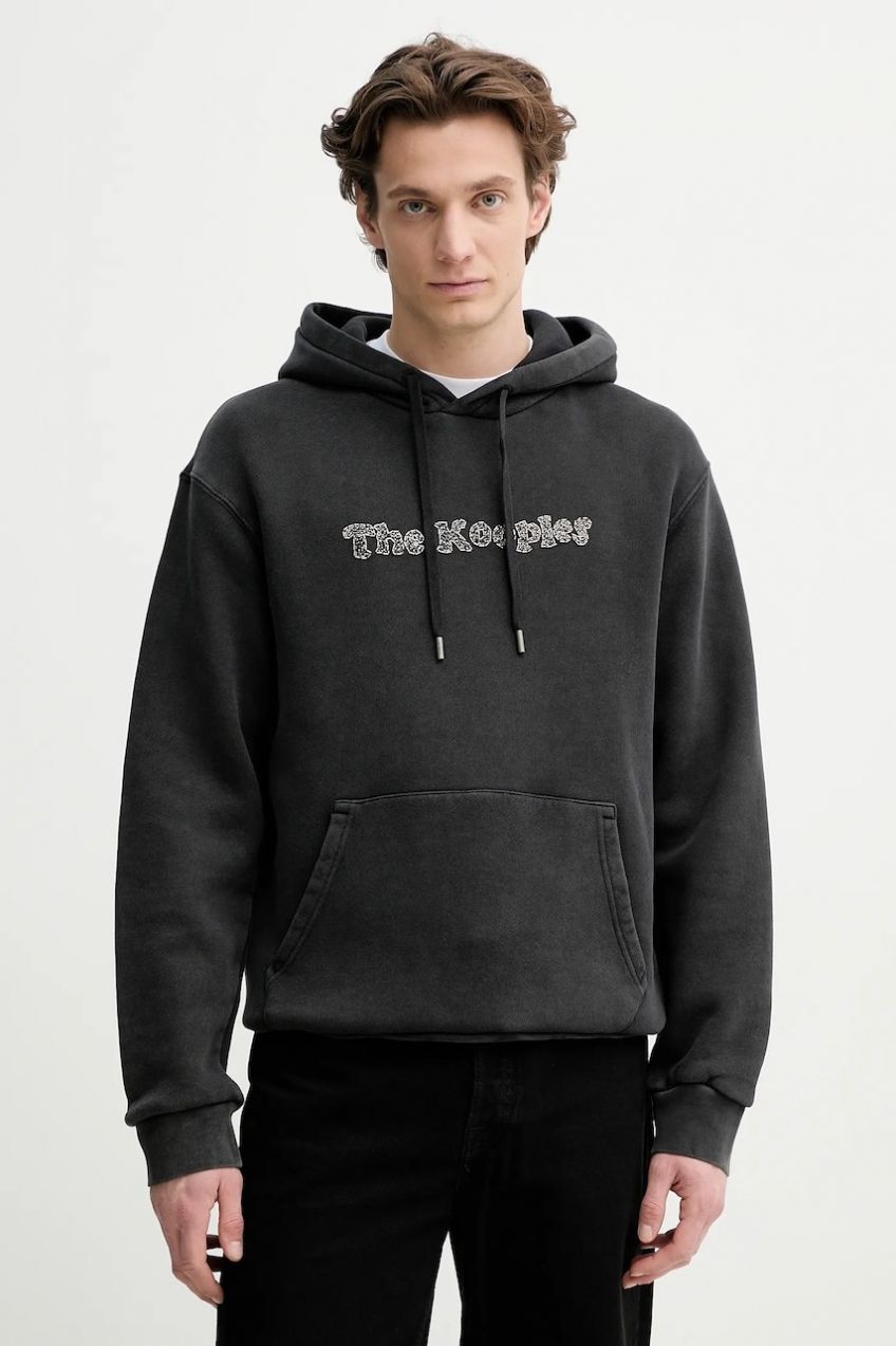 Bavlnená mikina The Kooples pánska, šedá farba, s kapucňou, s nášivkou, HSWE30020K