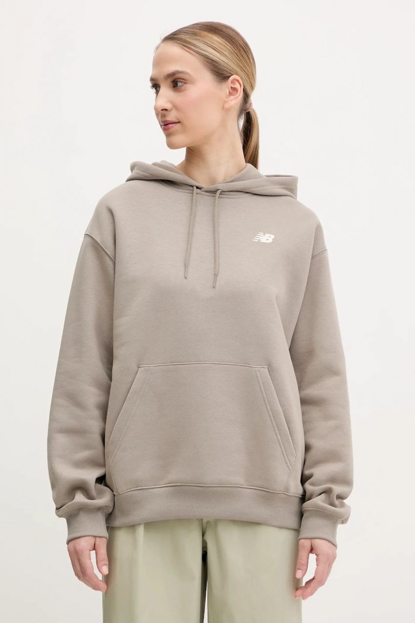 Mikina New Balance dámska, béžová farba, s kapucňou, s potlačou, WT51947DOK
