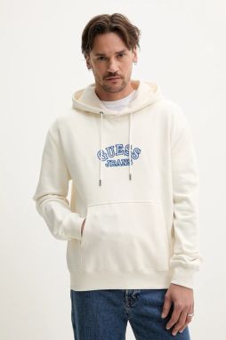 Bavlnená mikina Guess Jeans pánska, béžová farba, s kapucňou, s nášivkou, M5GQ40 KCTY1