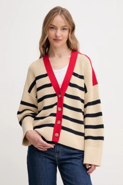 Bavlnený kardigán Tommy Hilfiger dámsky, béžová farba, teplý, WW0WW45552