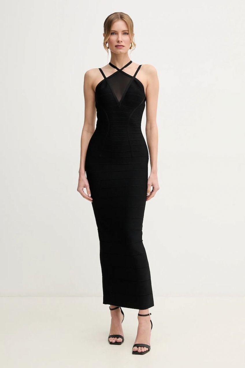Šaty Herve Leger Lana čierna farba, midi, priliehavá, HLT8499825