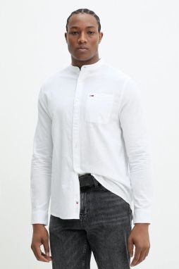 Košeľa s prímesou ľanu Tommy Jeans pánska, biela farba, regular, DM0DM20876