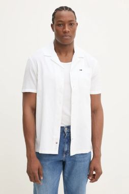 Košeľa s prímesou ľanu Tommy Jeans pánska, biela farba, regular, s golierom button-down, DM0DM20895