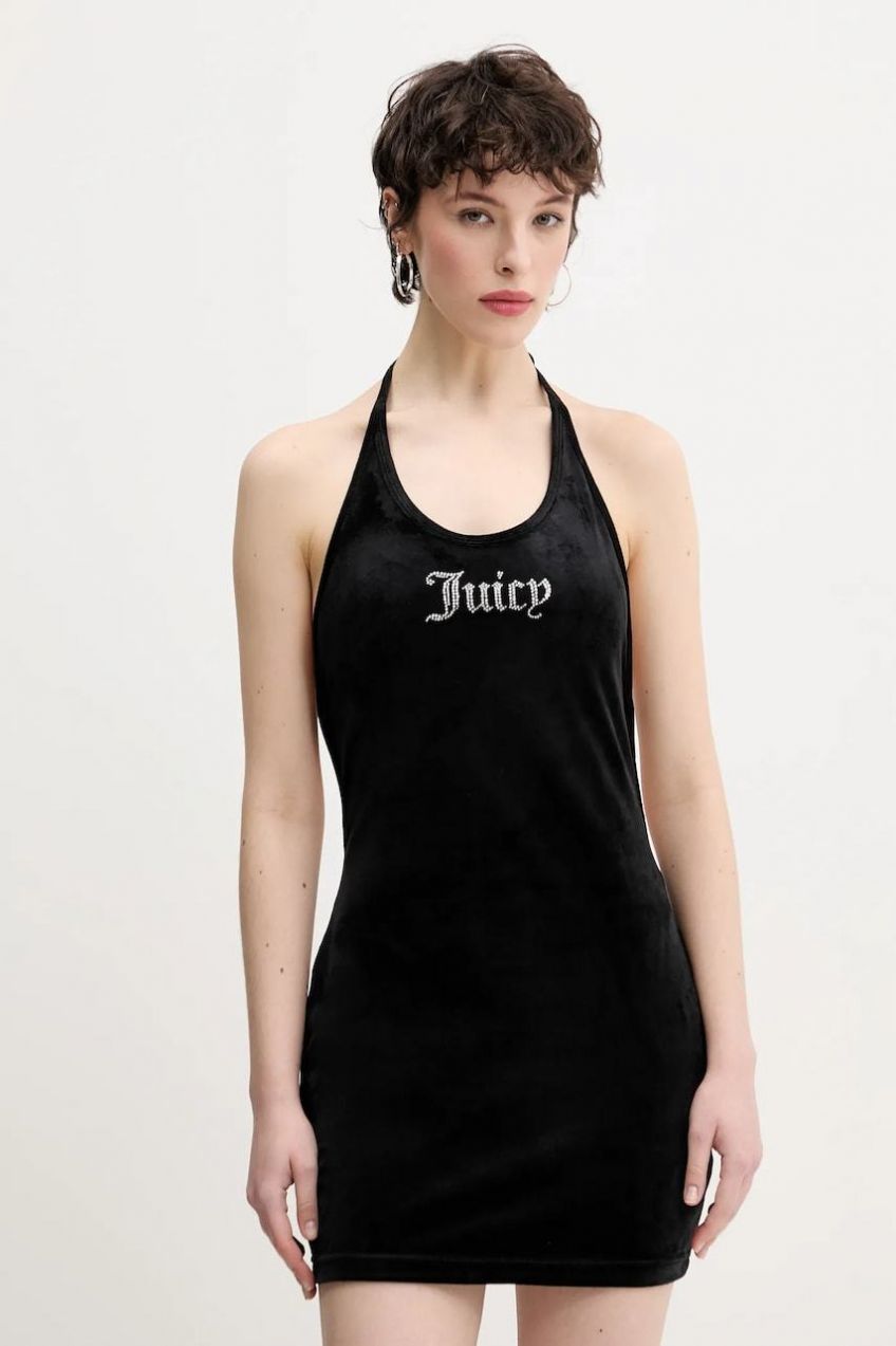 Zamatové šaty Juicy Couture HALTER čierna farba, mini, priliehavá, JCWED125326