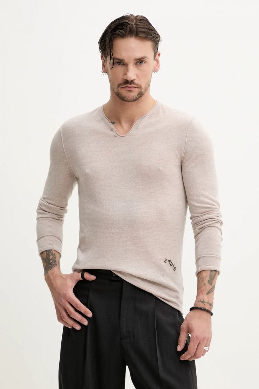 Vlnený sveter ZADIG&VOLTAIRE pánsky, béžová farba, tenký, KMSW01742