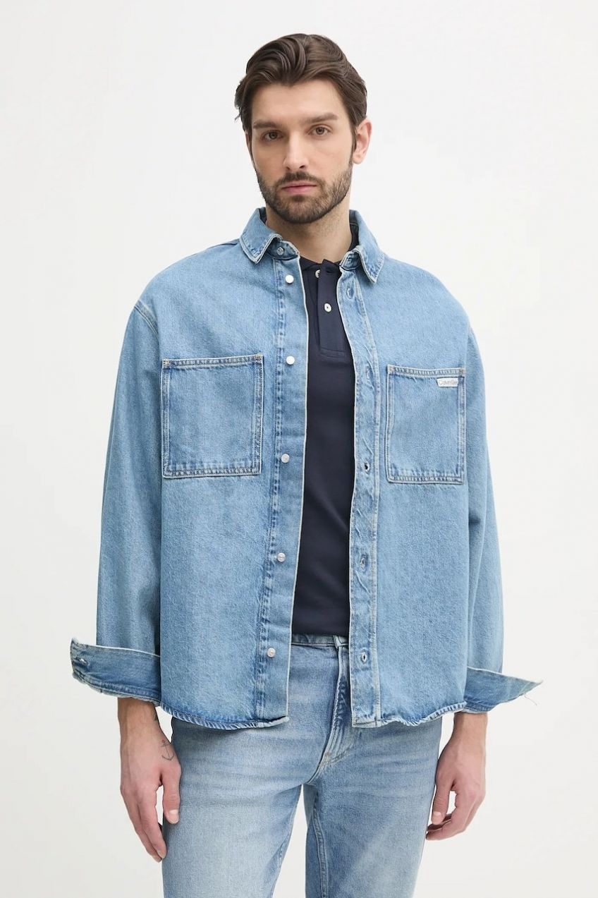 Rifľová košeľa Calvin Klein Jeans pánska, voľný strih, s klasickým golierom, J30J327511