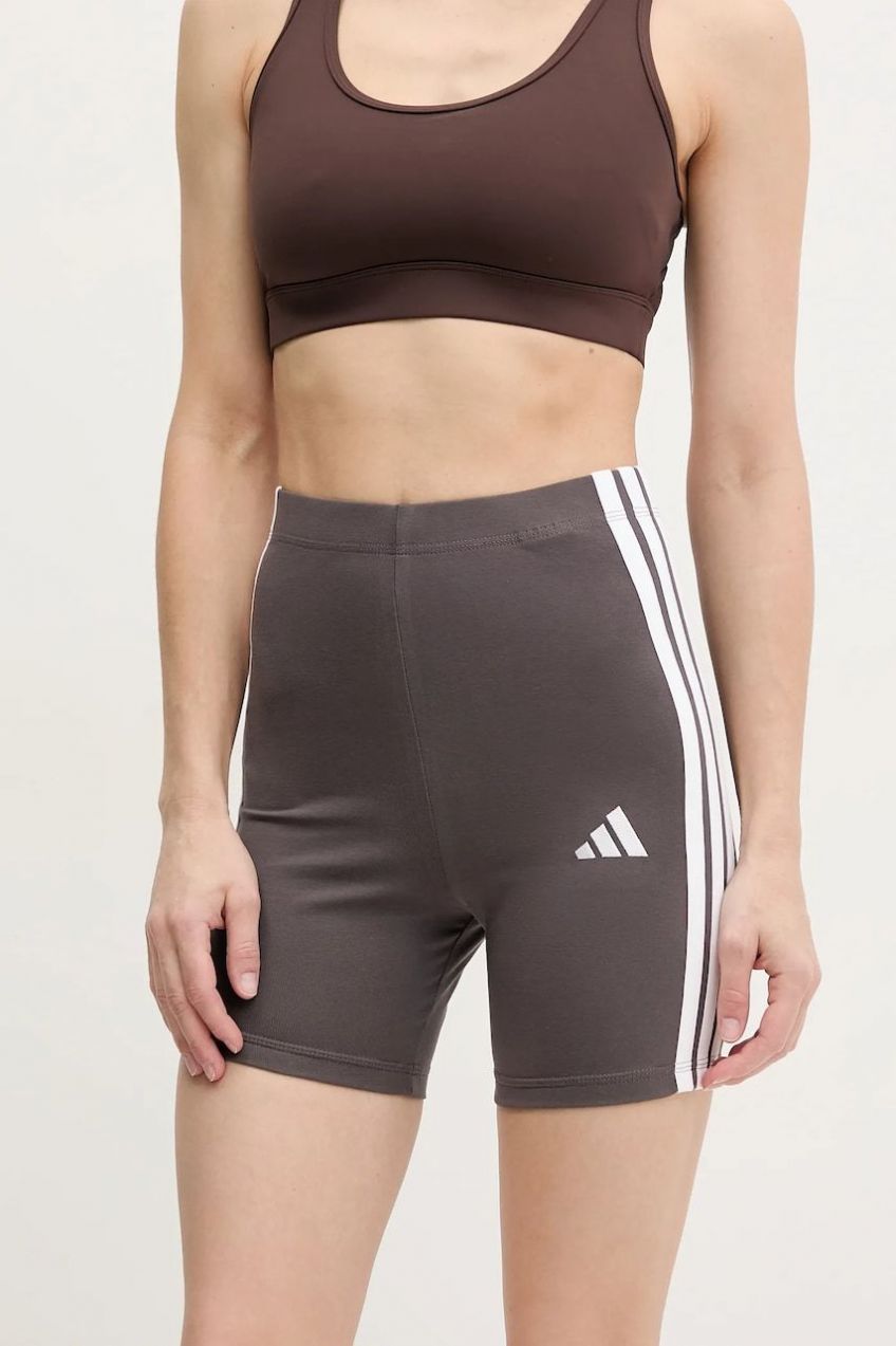 Šortky adidas Essentials dámske, šedá farba, s nášivkou, vysoký pás, JD0915
