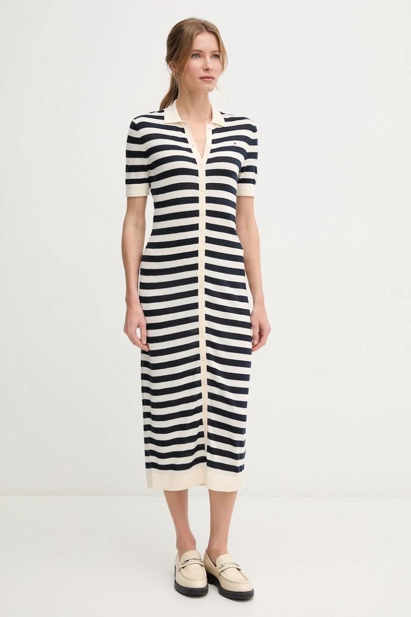 Šaty Tommy Hilfiger tmavomodrá farba, midi, priliehavá, WW0WW44529