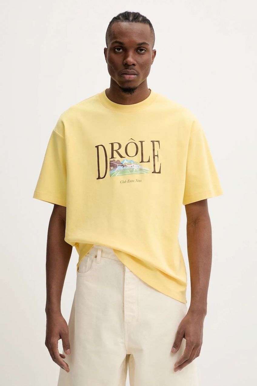Bavlnené tričko Drôle de Monsieur Le T-Shirt Tennis Court pánske, žltá farba, s potlačou, G-TS246-CO002-LYL