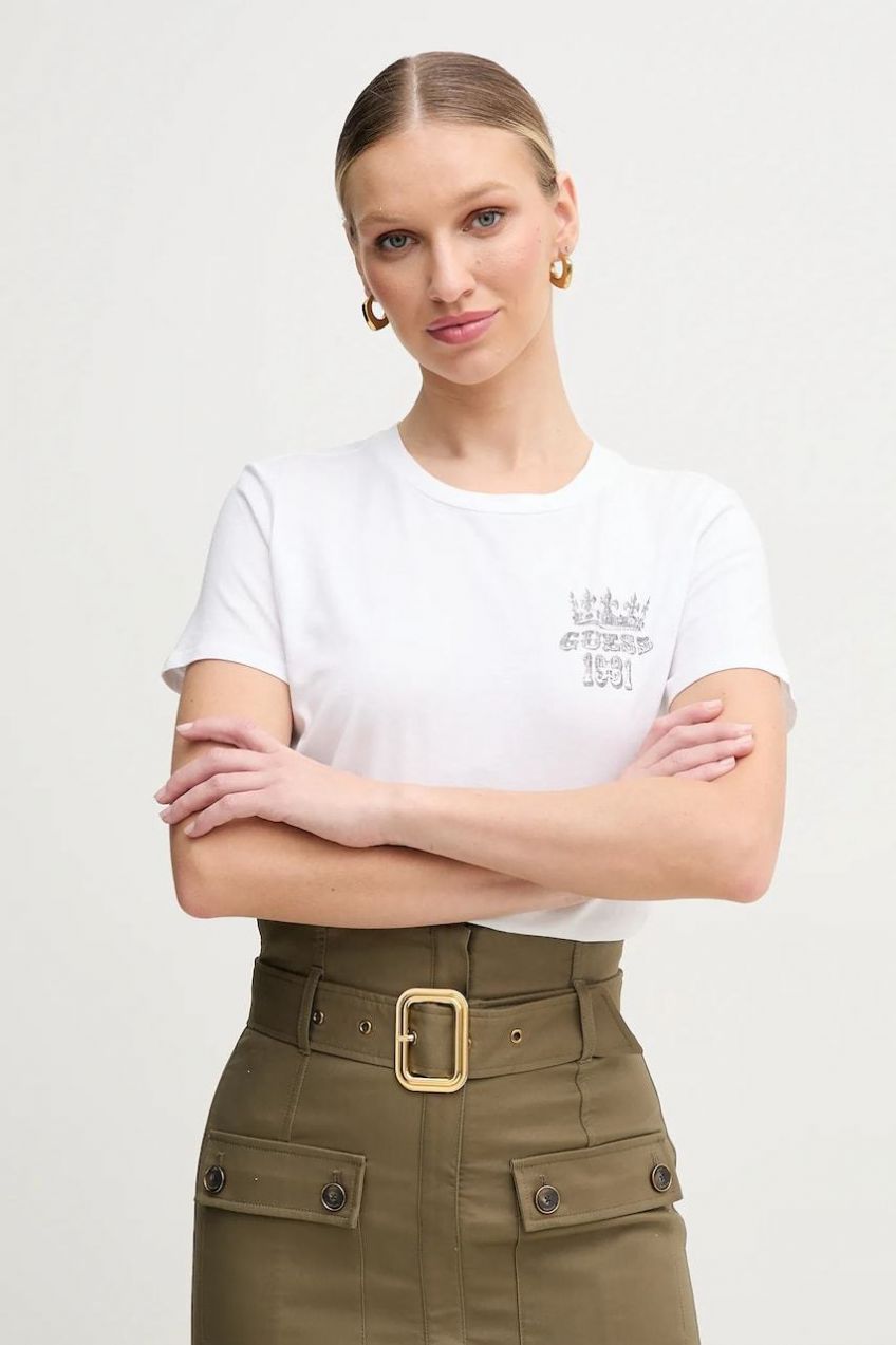 Bavlnené tričko Guess dámske, biela farba, W5GI53 K9RM1