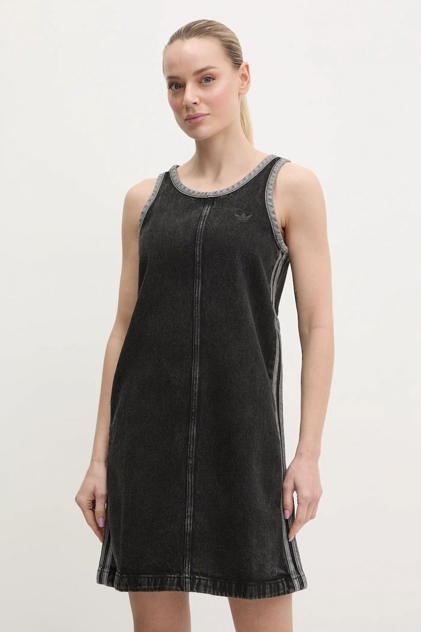 Rifľové šaty adidas Originals DENIM 3S DRESS čierna farba, mini, rovný strih, JD3108
