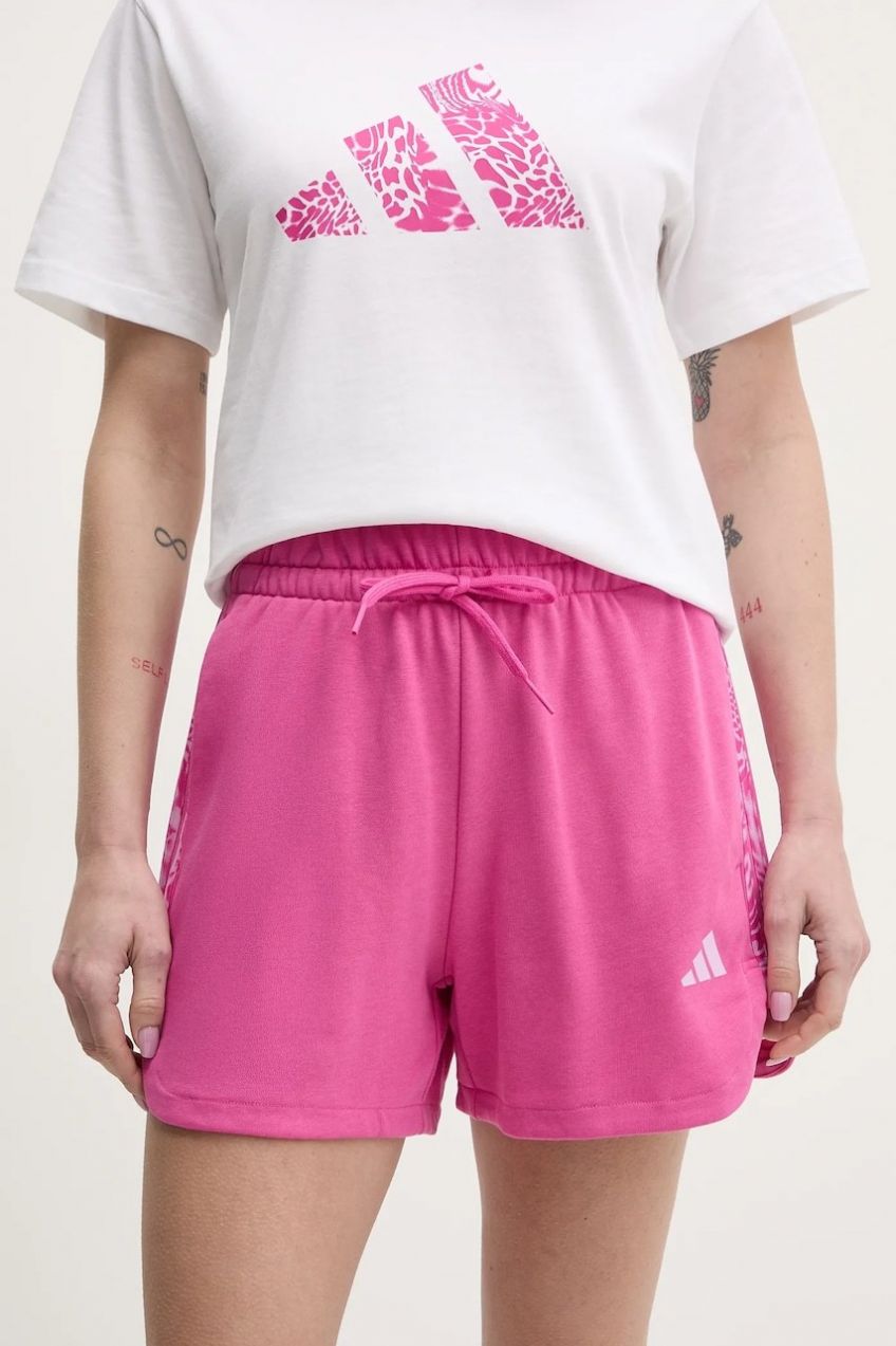 Šortky adidas W AOP Blur dámske, ružová farba, s nášivkou, vysoký pás, JG6223