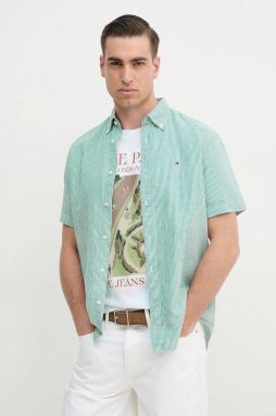 Košeľa s prímesou ľanu Tommy Hilfiger pánska, zelená farba, regular, s golierom button-down, MW0MW39155