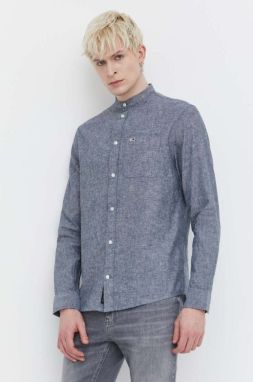 Košeľa s prímesou ľanu Tommy Jeans šedá farba,regular,so stojačikom,DM0DM18964