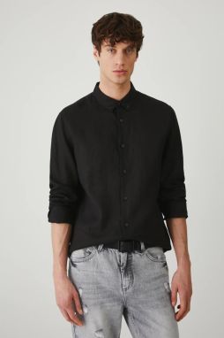 Ľanová košeľa Medicine pánska, čierna farba, regular, s golierom button-down