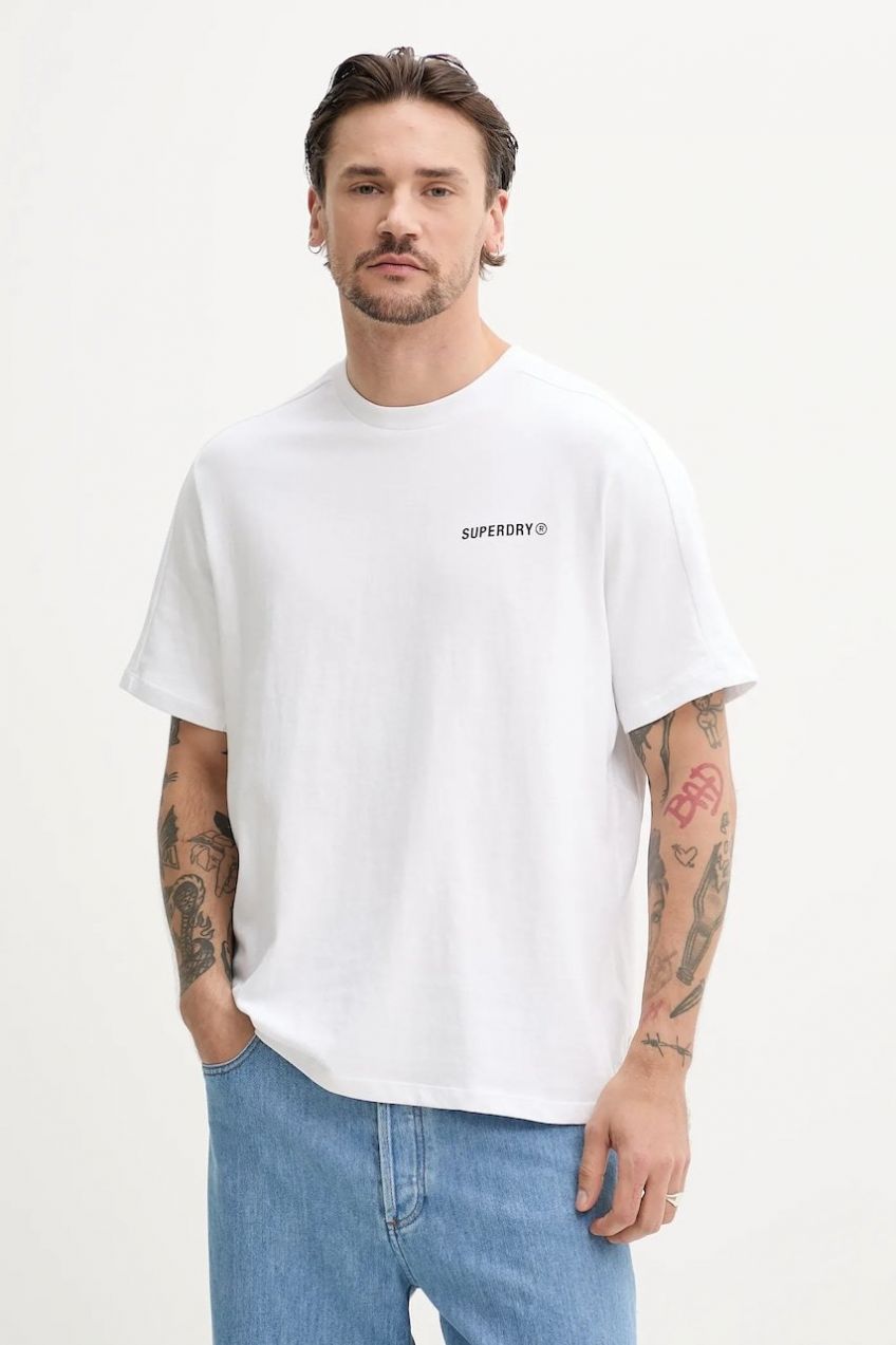Bavlnené tričko Superdry pánske, biela farba, s potlačou, M1012225A-T7X