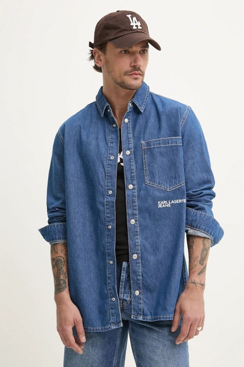 Rifľová košeľa Karl Lagerfeld Jeans pánska, tmavomodrá farba, regular, s klasickým golierom, A2M16022