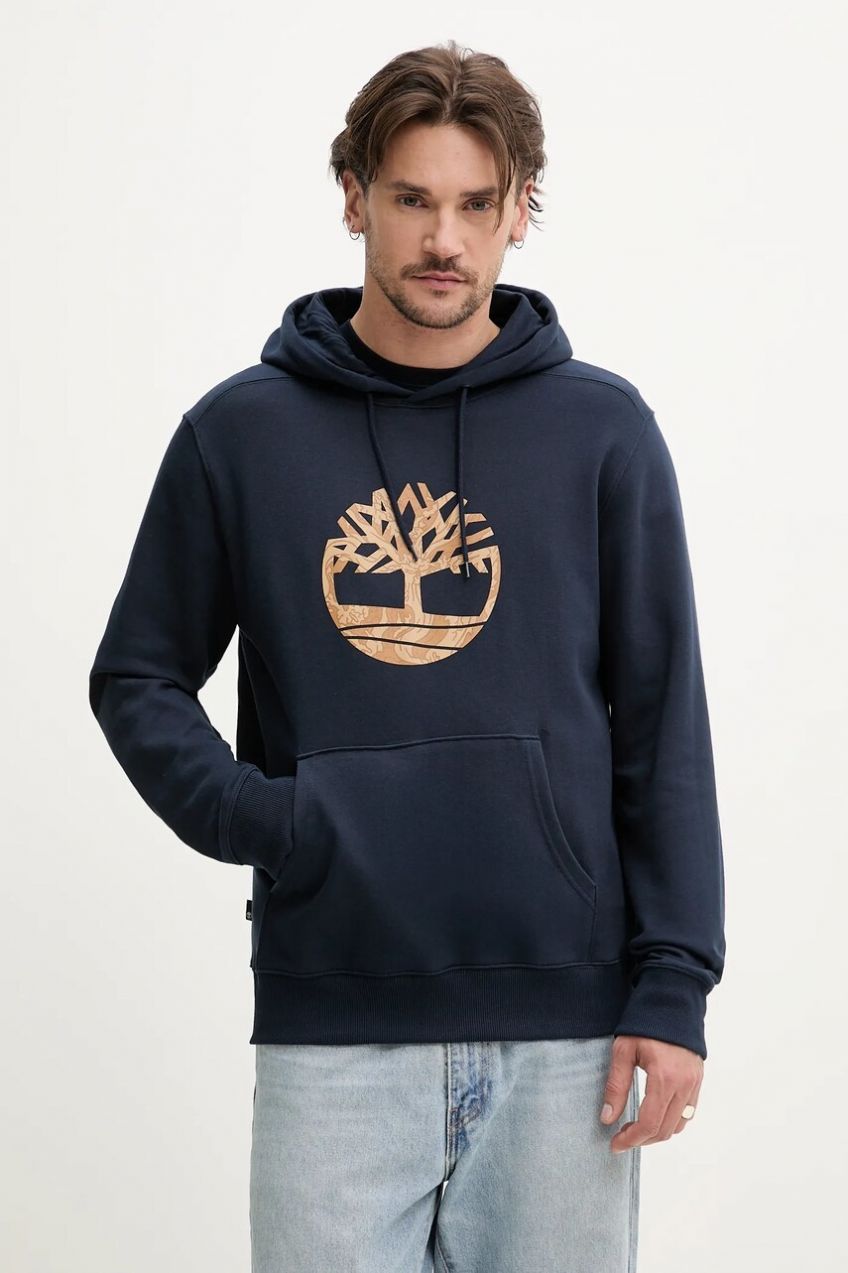 Mikina Timberland pánska, tmavomodrá farba, s kapucňou, s potlačou, TB0A2FTS4331