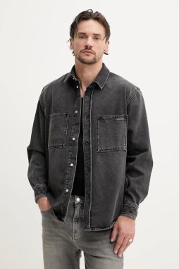 Rifľová košeľa Calvin Klein Jeans pánska, šedá farba, voľný strih, s klasickým golierom, J30J327558