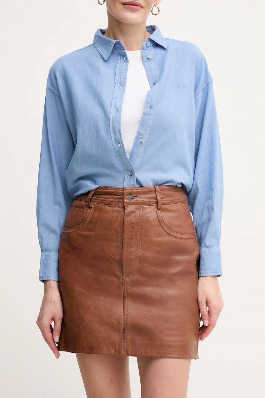 Kožená sukňa Pepe Jeans HILLARY SKIRT hnedá farba, mini, rovný strih, PL901203