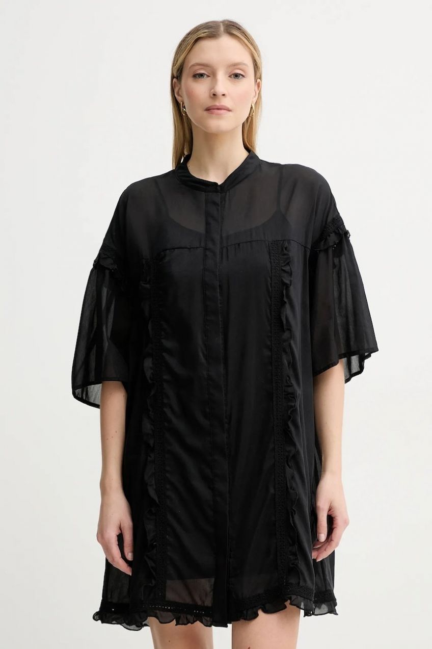 Šaty s prímesou hodvábu ISABELLE BLANCHE čierna farba, mini, oversize, IS25SS-A078-T018