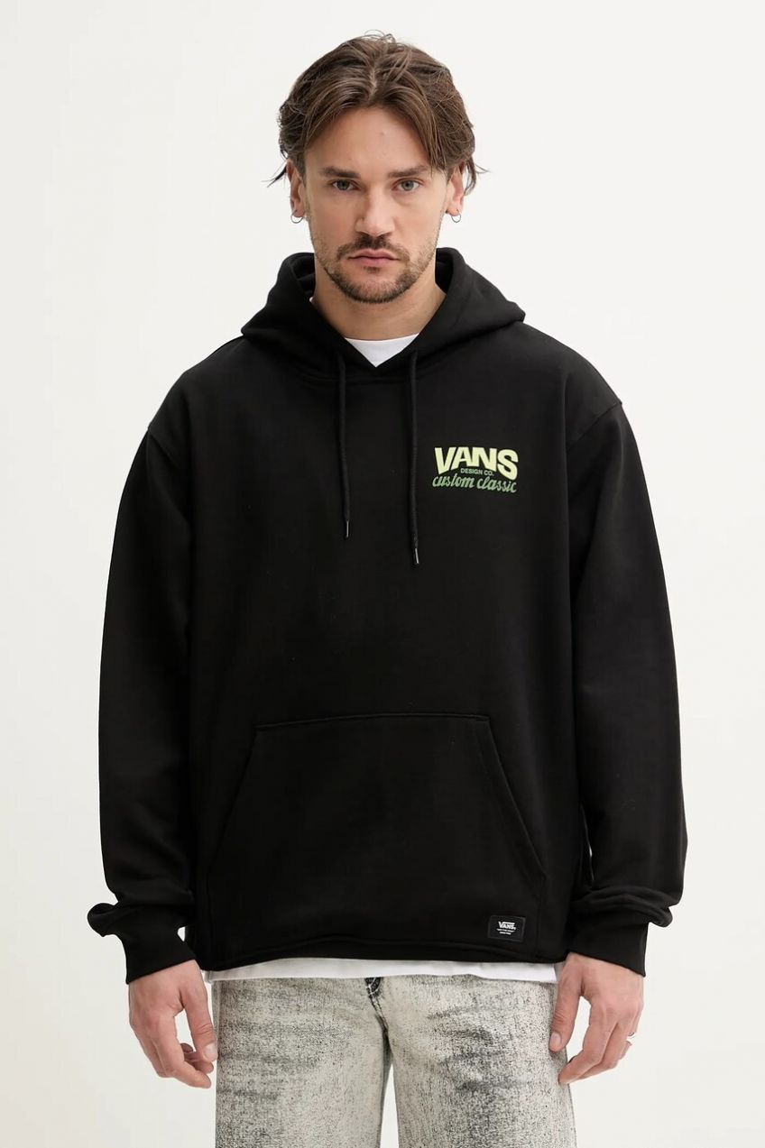 Bavlnená mikina Vans pánska, čierna farba, s kapucňou, s potlačou, VN000NHRBLK1