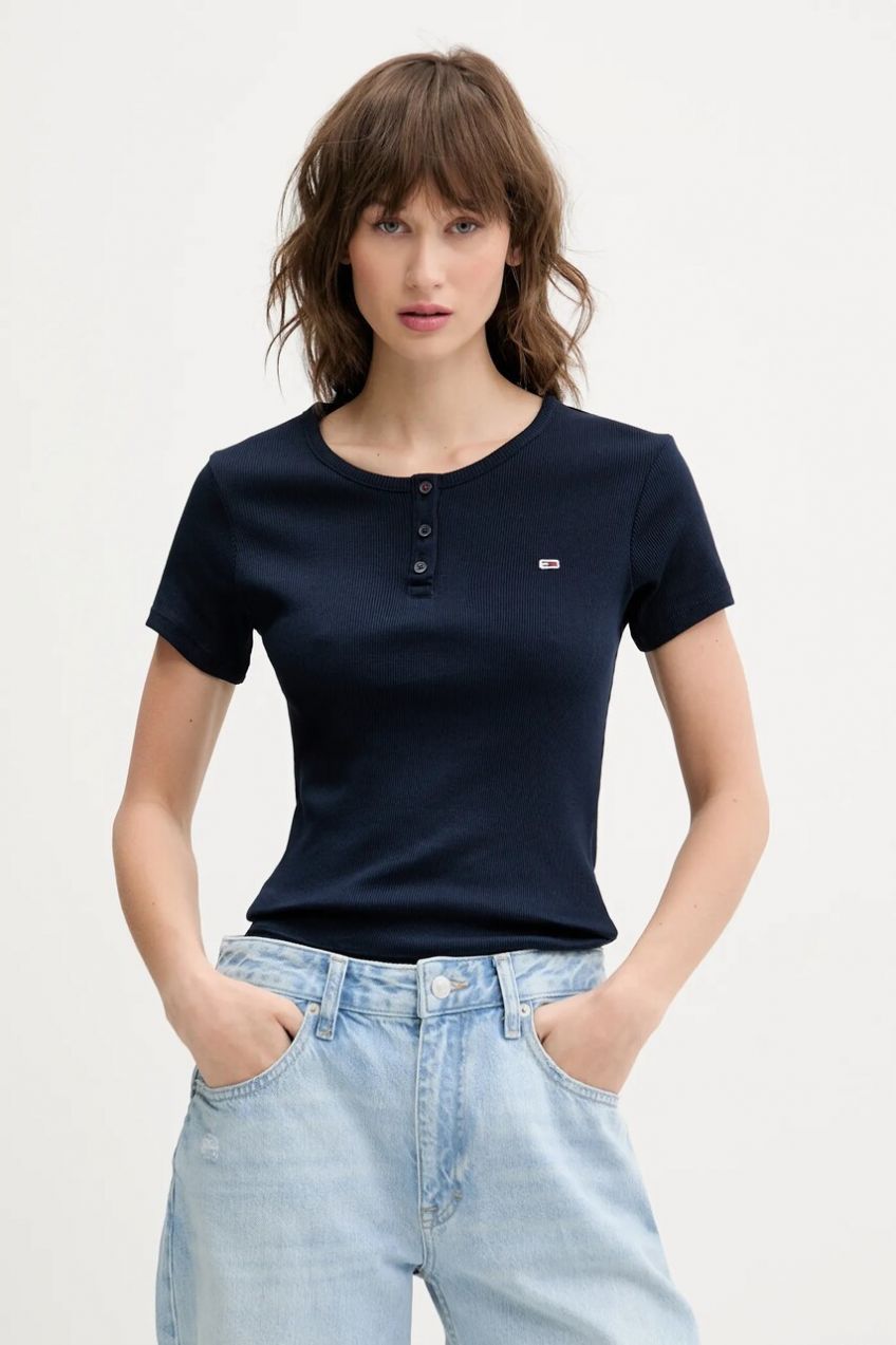 Bavlnené tričko Tommy Jeans dámske, tmavomodrá farba, DW0DW19502