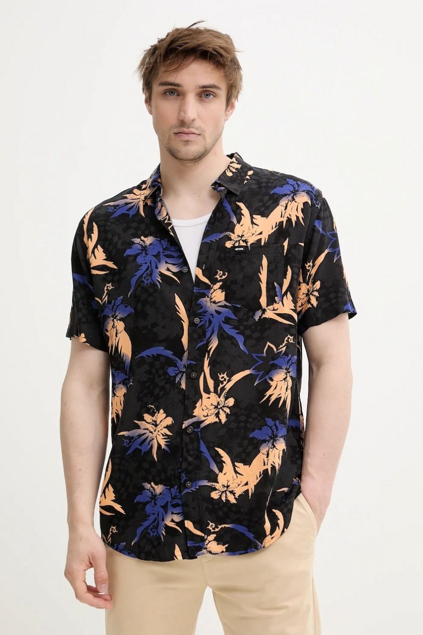 Košeľa Rip Curl pánska, čierna farba, regular, s klasickým golierom, 03QMSH