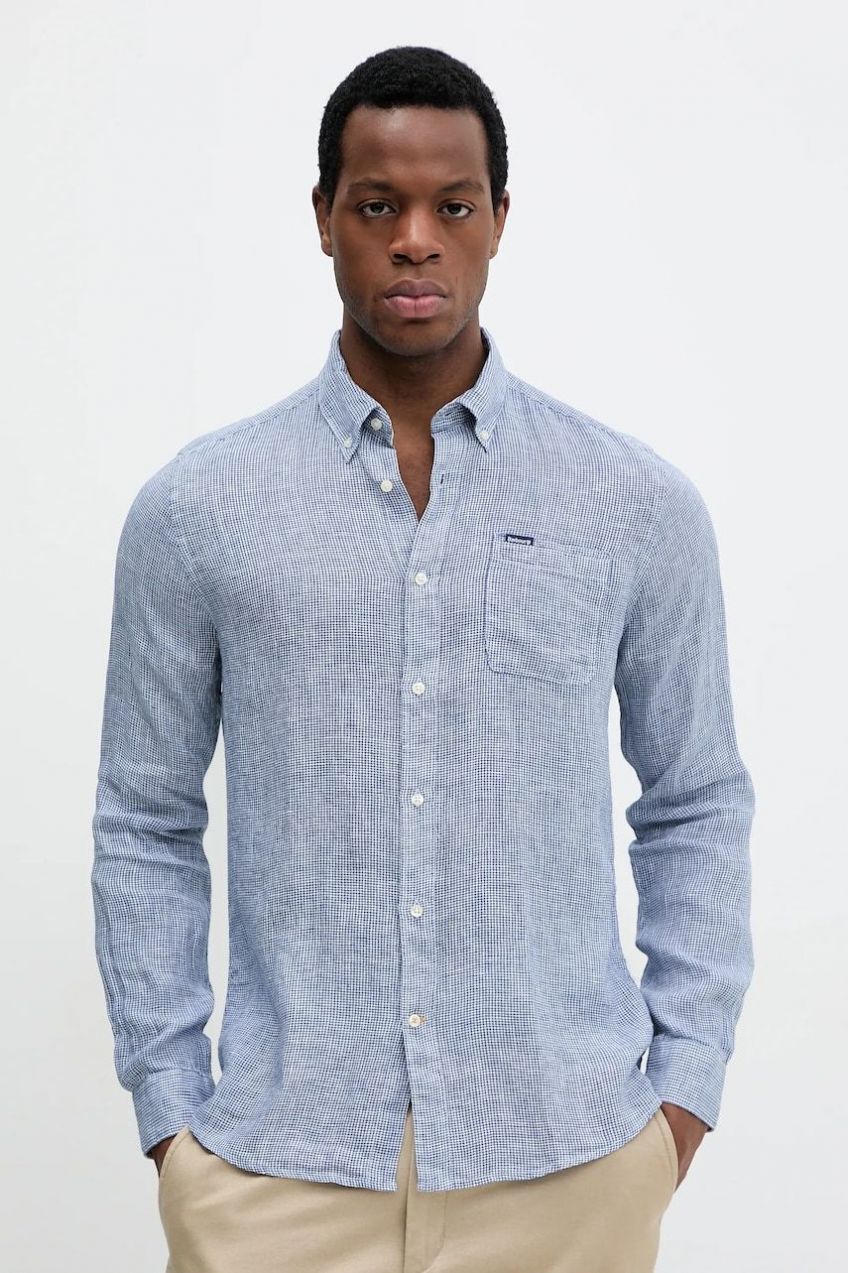 Ľanová košeľa Barbour Linton Tailored Shirt pánska, tmavomodrá farba, slim, s golierom button-down, MSH5325