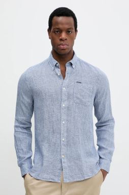 Ľanová košeľa Barbour Linton Tailored Shirt pánska, tmavomodrá farba, slim, s golierom button-down, MSH5325