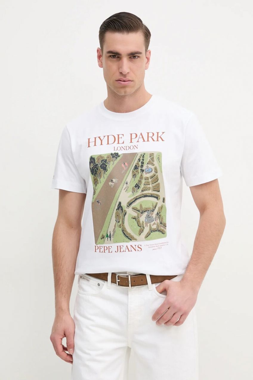 Tričko Pepe Jeans DUSTER FRONT TEE pánske, biela farba, s potlačou, PM509778