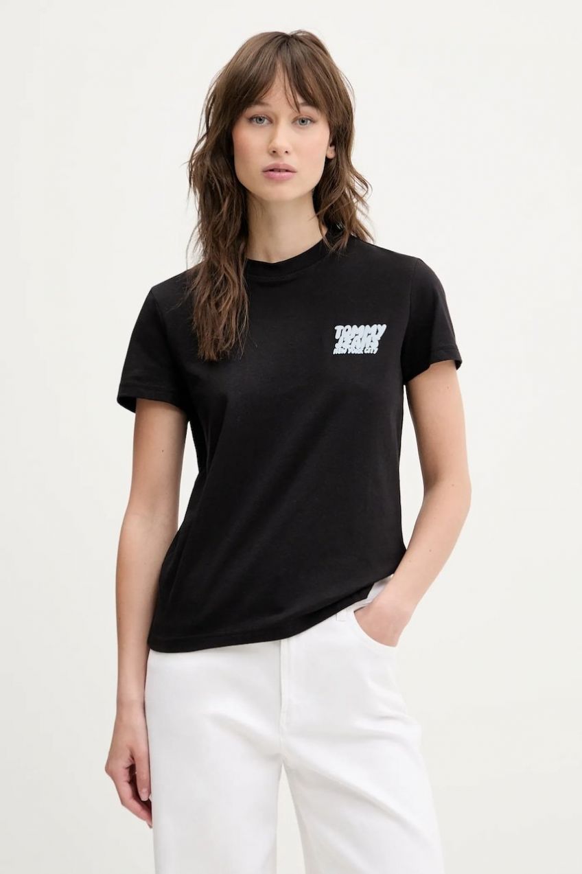 Bavlnené tričko Tommy Jeans dámske, čierna farba, DW0DW21338