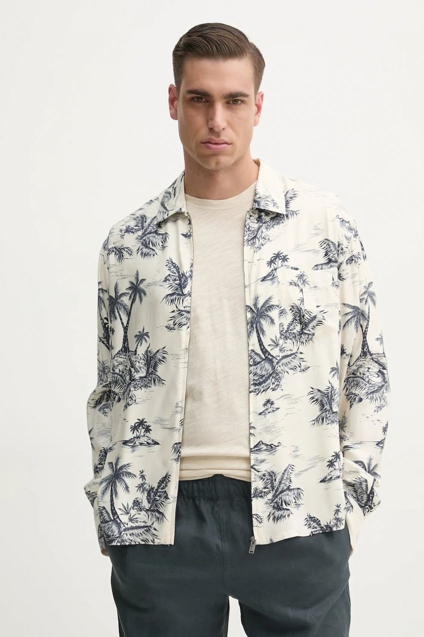 Košeľa ZADIG&VOLTAIRE pánska, béžová farba, voľný strih, s klasickým golierom, WMSH01324