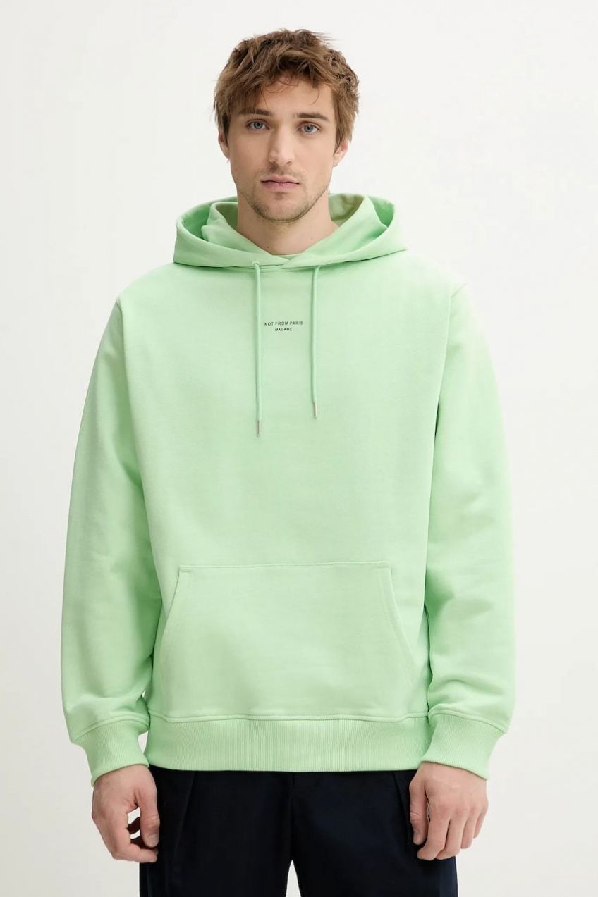 Bavlnená mikina Drôle de Monsieur Le Hoodie Slogan Classique pánska, zelená farba, s kapucňou, s potlačou, G-HO161-CO127-LGN