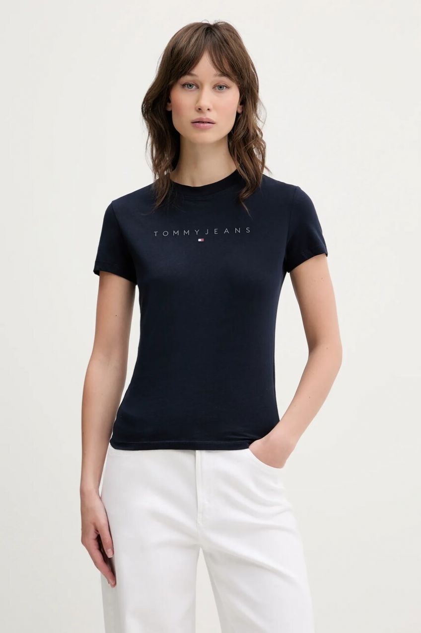 Bavlnené tričko Tommy Jeans dámske, tmavomodrá farba, DW0DW20315