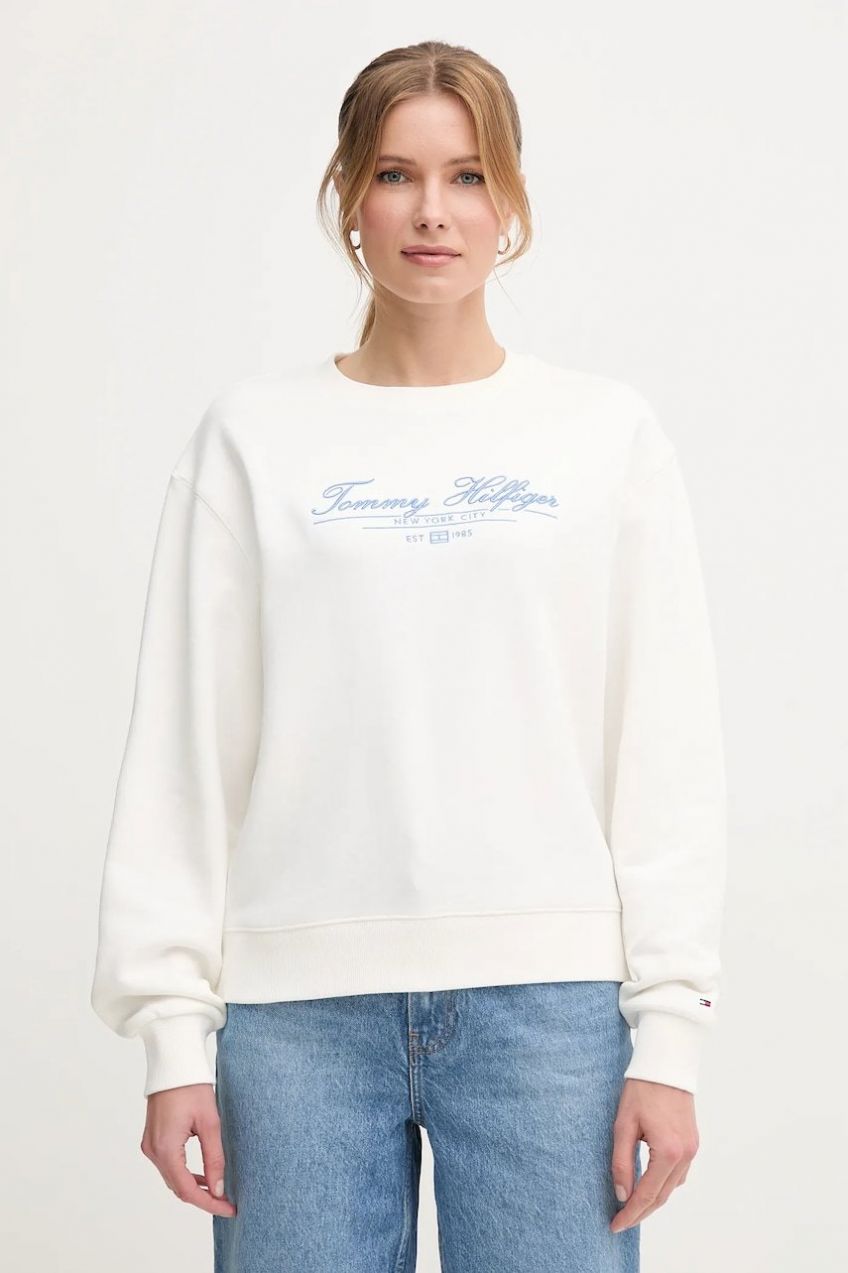Bavlnená mikina Tommy Hilfiger dámska, biela farba, s nášivkou, WW0WW45430