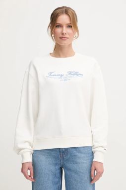 Bavlnená mikina Tommy Hilfiger dámska, biela farba, s nášivkou, WW0WW45430