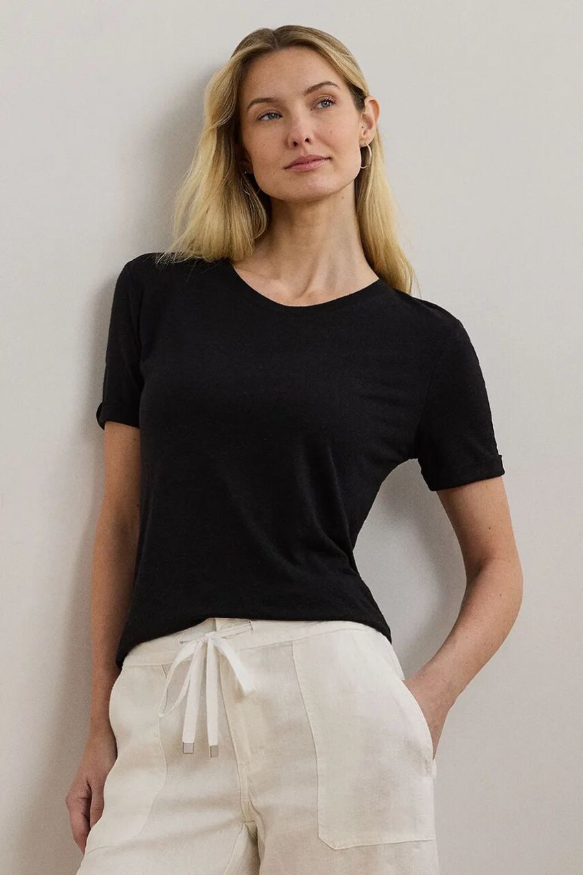 Ľanové tričko Lauren Ralph Lauren dámske, čierna farba, 200963871