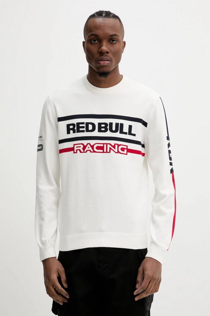 Bavlnený sveter Red Bull Racing x Pepe Jeans KNITTED MOTO CREW pánsky, béžová farba, RM700011