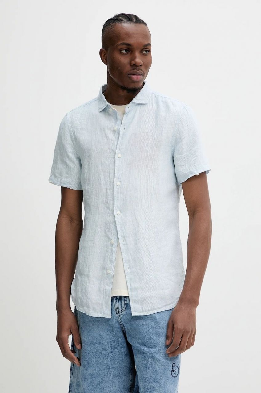 Ľanová košeľa Superdry pánska, regular, s talianskym golierom, M4010937A-F5Q