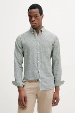 Ľanová košeľa Lindbergh pánska, zelená farba, regular, s golierom button-down, 30.220276
