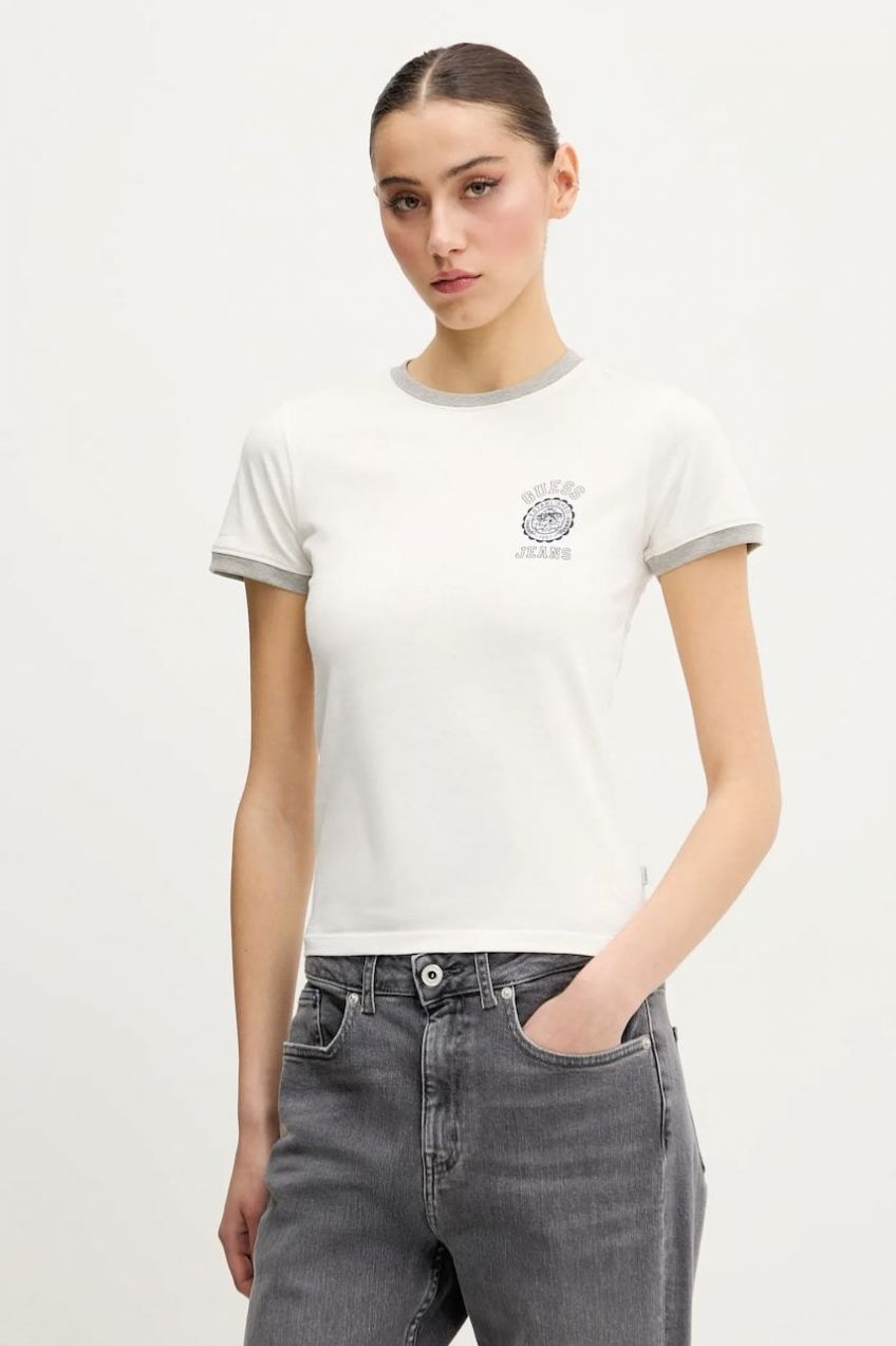 Bavlnené tričko Guess Jeans dámske, béžová farba, W5GI35 KCTX1