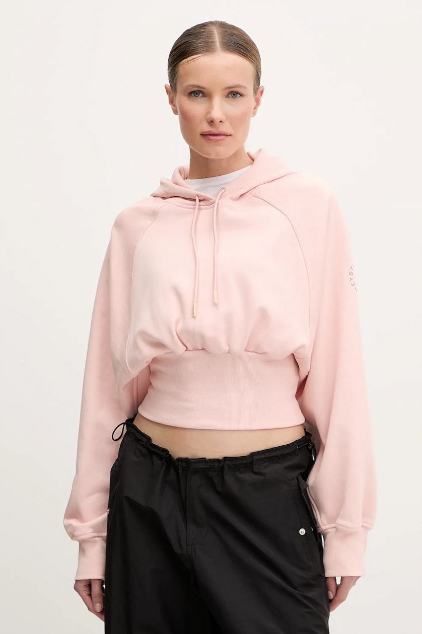 Bavlnená mikina adidas by Stella McCartney dámska, oranžová farba, s kapucňou, jednofarebná, JJ4161
